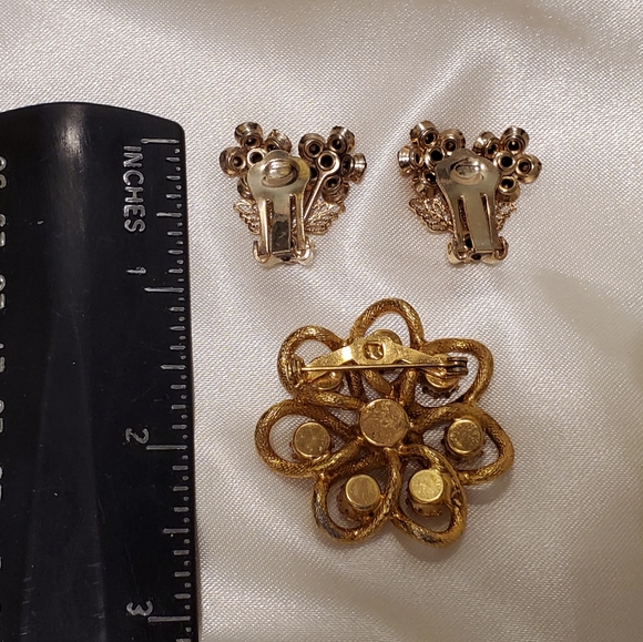 Vintage Jewelry Set Rhinestones, Earrings Rhinestones Yellow, Brooch Rhinestones - Picture 10 of 11